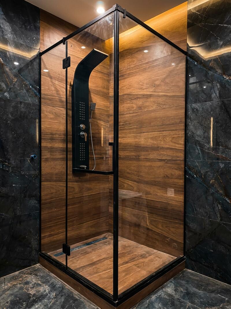 Стеклянная душевая с черным профилем